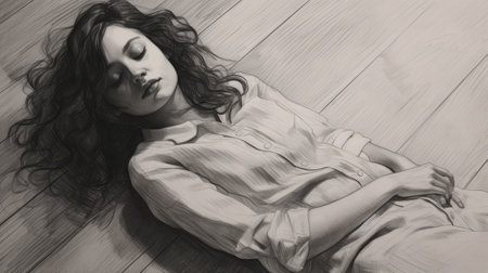 a girl peacefully sleeping on the ground in a pencil drawing, showcasing a realistic hyper-detailed rendering. this comic art piece features a muted palette, highlighting the artist's talent in celebrity portraits. created using digital art techniques, the matte photo effect adds to the overall realistic hyper-detail of the artwork. ai generatedの素材