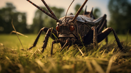 a dark-furred cricket with no spots is captured in a side profile close-up as it runs through a tilled wisconsin field. the medium-sized body frame and 8-point antlers are prominently displayed in this dramatic and sharply focused photograph. the extreme details and beautifully color-graded cinematic shot, taken with a 70mm lens, showcase the intricate features of the cricket. the use of natural lighting and variousの素材