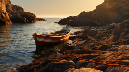 a photo featuring diffused, golden light from the still-times, casting a soft glow and reducing harsh shadows. the light comes from the right, creating a subtle play of light and shadow on the rocks and boat, adding depth and dimension. technical settings include an aperture of f/11 for clarity, a shutter speed of 1/30s to capture subtle wave movement, iso 100 for minimal noise, andの素材