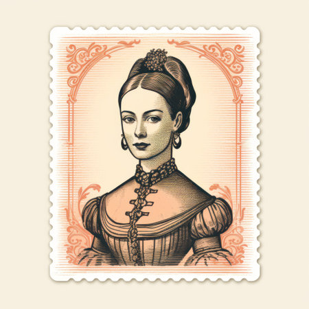 illustration of the queen of scots stamp featuring a girl dressed in a vintage costume, reminiscent of zhang jingna's style. this retro-inspired artwork captures the essence of the san francisco renaissance with its terracotta tones and elegant composition. created by catherine nolin, the illustration showcases emotive faces and strong linear elements. ai generatedの素材