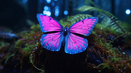 pink butterfly perched delicately on a dark woodland background, creating a captivating contrast. this free desktop wallpaper download showcases the mesmerizing beauty of nature. the butterfly's vibrant pink hue stands out against the dark backdrop, evoking a sense of enchantment. the image captures the essence of a serene forest scene, with hints of dark sky-blue and purple adding depth and intrigue. ai generatedの素材