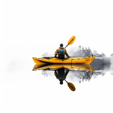 a yellow kayaker peacefully paddles through the water, creating a serene and minimalist scene. the double exposure technique adds a unique touch, while the mirrored cityscapes in the misty atmosphere create a captivating visual. with a white background, this photo captures the essence of travel and adventure. ai generatedの素材