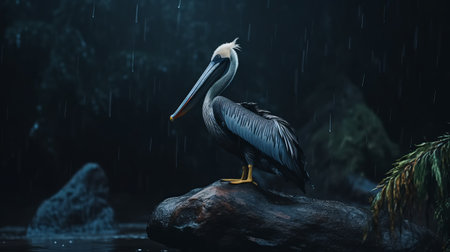 a pelican perched on a rock in a tropical jungle, captured in a realistic style using cinema4d. the image showcases a dark sky-blue and dark gray color palette, creating an eerie atmosphere. rendered by marcin sobas, this characterful animal portrait brings the pelican to life. the use of unreal engine 5 adds an extra level of detail and immersion to the scene. ai generatedの素材