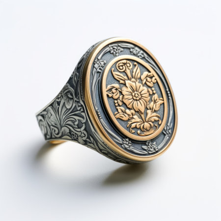 the signaturestyle golden sterling silver ring showcases a stunning floral motif inspired by historical illustrations. with intricate details in shades of gray and bronze, this ring embodies cultural symbols and traditional craftsmanship. its design draws inspiration from meiji art, and the back button focus ensures a perfect fit. ai generatedの素材