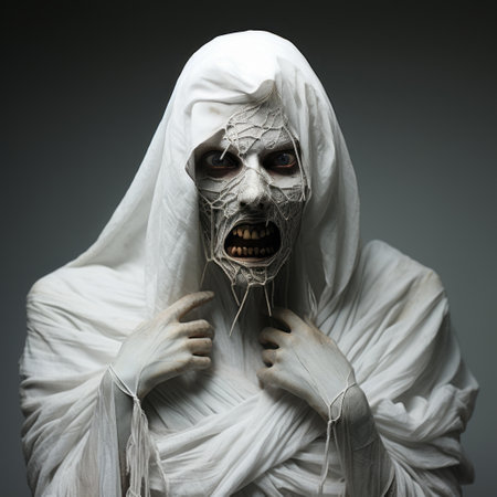 a woman in a white garment stands with a fake hand adorned with nails, showcasing an otherworldly grotesque style. the hand, made of wire and created using zbrush, adds to the eerie aesthetic. her strong facial expression complements the zombiecore theme, while the elaborate costume wraps her in an intriguing aura. ai generatedの素材