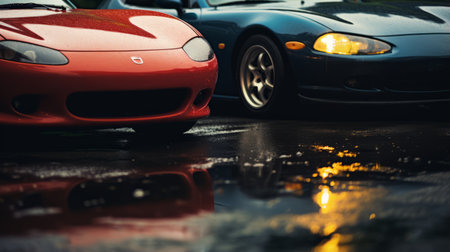 two 1990 mazda mx-5 miata cars engage in intense racing, with drivers exchanging glances. as they speed along the slightly wet track, sparks fly underneath their vehicles. the cinematic shot captures the reflections on one of the cars, adding to the dramatic atmosphere. shot on grainy medium format kodak portra 800 film with an smc takumar 105mm f/2.8 lens. ai generatedの素材