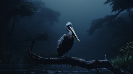a felt stop-motion pelican stands on a cliff in the rain, amidst a south african forest storm. the 4k image captures the shallow depth of field, with a dark navy forest as the backdrop. the scene is accentuated by hints of chiffon and a touch of blue, creating a low saturation effect in the night. ai generatedの素材
