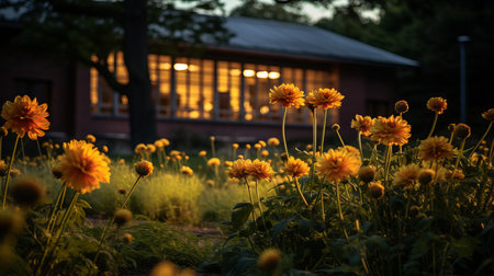 yellow flowers bloom in a grassy area, set against a picturesque barn at sunset. this japanese-inspired imagery, reminiscent of the heidelberg school, captures the essence of nature's beauty. a national geographic photo, it showcases a harmonious blend of light bronze and orange hues. the sustainable architecture and selective focus add depth to this captivating image, reminiscent of the bloomsbury group's artistic style. ai generatedの素材