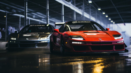 two 1990 acura nsx cars engage in intense racing, with drivers exchanging determined glances. sparks fly beneath the vehicles as they navigate a slightly wet track. the cinematic shot captures the reflections on one of the cars, adding to the dynamic atmosphere. shot on grainy medium format kodak portra 800 film with an smc takumar 105mm f/2.8 lens. ai generatedの素材
