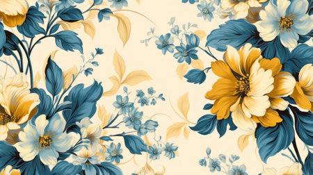 a floral seamless pattern featuring a vibrant combination of blues and yellows, inspired by the artistic style of xu beihong. this high-resolution image showcases a realistic usage of light and color, with high-contrast shading in light yellow and light brown tones. the uhd image captures the intricate details and free brushwork, making it perfect for various design projects. ai generatedの素材