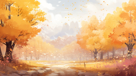 a colorful autumn landscape featuring trees with vibrant yellow leaves, reminiscent of the style of brian kesinger. this 32k uhd photo captures the essence of the season with its light gray and light gold tones. the brushstrokes are smooth, creating a beautiful depiction of autumn fields, inspired by the work of steve henderson and makoto shinkai. ai generatedの素材