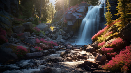 a breathtaking waterfall cascades down a lush hiking trail, surrounded by vibrant hues of yellow, blue, pink, and black. the strong shadows cast by the golden light create a mesmerizing play of light and dark. this pastel-colored scene resembles an award-winning illustration, with its high quality and intricate details captured through a zoom lens. the influence of ansel adams and andrew tischler is evident inの素材