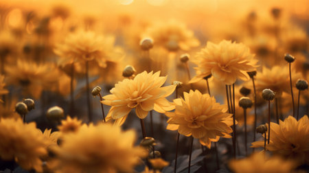 bright yellow flowers fill the fields at sunset, creating a stunning sight. this high-definition desktop wallpaper showcases the beauty of nature with its soft-focused realism. the dark bronze and light amber tones add a touch of elegance to the image. inspired by delicate still-lifes from the eastern zhou dynasty, this commissioned artwork captures the essence of nature. ai generatedの素材