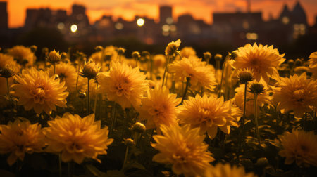 dalmatian flowers bloom in a field, resembling captivatingly atmospheric cityscapes. the dark yellow and amber hues, reminiscent of olafur eliasson's art, create a mesmerizing sight. this photograph by tokio aoyama showcases dazzling cityscapes with soft lighting and selective focus, evoking a sense of wonder and beauty. ai generatedの素材