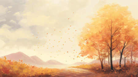 an autumn landscape painting with a minimalist background, featuring manga-inspired elements. the artwork is rendered in 8k resolution, showcasing a blend of light orange and light gold hues. the painting captures a realistic yet romantic atmosphere, enhanced by the use of rtx technology. the overall aesthetic can be described as heistcore. ai generatedの素材