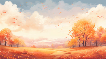 autumn wallpaper background in hd 1920x1080 featuring a digital painting and drawing style. the image showcases soft pastel skies, whimsical anime elements, and monochromatic paintings. it is a realistic yet stylized artwork commissioned for its light red and yellow color palette. ai generatedの素材