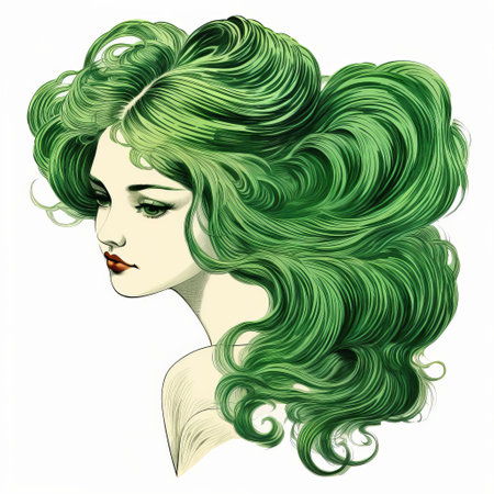 a lady with long green hair is depicted in this comic art-style photo. she is sitting on a white background, with lush and detailed waves of hair. the facial features are intricately drawn, showcasing the artist's attention to detail. the photo has a subtle ink application, giving it a unique touch. this captivating image can be found on flickr and has a velvia-like quality. aiの素材