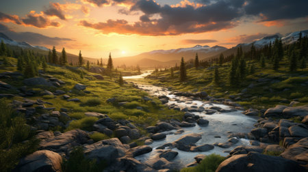 a breathtaking sunrise scene featuring majestic mountains and a serene river. this stunning stock photograph captures the beauty of norwegian nature with delicately rendered landscapes. the photorealistic rendering in the style of vray tracing brings out the romanticized depictions of wilderness, reminiscent of national geographic photos. a truly whistlerian masterpiece that is free to use. ai generatedの素材