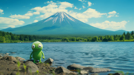 a charming anime-style plush doll, resembling a little green blob, stands near a majestic mountain in this captivating wildlife photograph. the uhd image showcases the intricate details of the doll's design, while the use of vray tracing enhances the visual appeal. shot with fujifilm pro 800z, this japanese-inspired artwork captures the essence of nature and anime aesthetics. ai generatedの素材