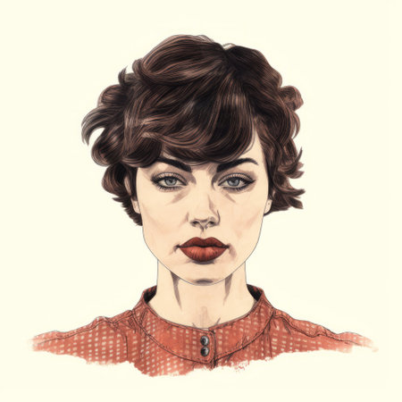 the female face features red lips, reminiscent of intricate pen illustrations. with a vintage cinematic look, the brown and amber tones add depth to the realistic hyper-detailed portrait. the wavy hair frames the face beautifully, while the city backdrop adds a touch of urban charm. this fashion illustration captures the essence of timeless elegance. ai generatedの素材