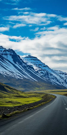 aerial view of the majestic karst landscape in iceland, showcasing the winding kjelsfossen road leading to the breathtaking gyala peri. the highway is surrounded by the snow-capped peaks of elbrus, creating a frozen and mesmerizing scene. this captivating photo, captured with the tamron 35-150mm f/2.8-4 di vc osd lens and the 24mm f/2.8 di iii osd m1:2 lens, features a minimalist typography reminiscent of theの素材