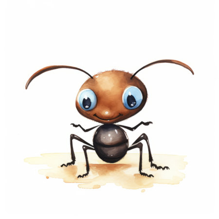 cartoon ant illustration on white background, featuring a cute and emotive surreal character study. the artwork is done in the style of colorful ink wash paintings, with a combination of brown and azure tones. this commission for flickr showcases the artist's skill in creating a whimsical and playful piece. the use of oil on panel and a fisheye lens adds depth and visual interest toの素材