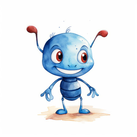 the blue ant, a cartoon illustration in the style of peter mohrbacher, stands alone against a vibrant background. this humorous caricature captures the essence of alien worlds with its watercolor technique. the high resolution image showcases the charming characters, reminiscent of skottie young's work. ai generatedの素材