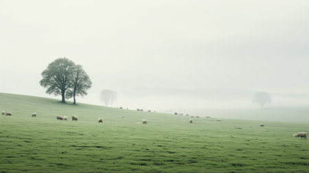 a foggy morning in a picturesque area captured in the style of elke vogelsang. this pastoral landscape showcases a panoramic scale with a mix of dark white and light green hues. the busy landscapes come to life in stunning 8k resolution, reminiscent of the works of andreas achenbach. ai generatedの素材