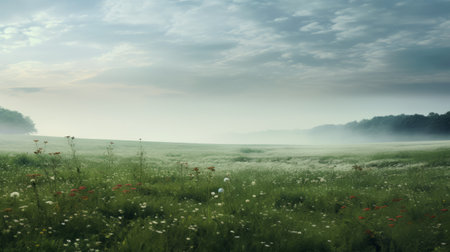 a stunning nature photograph captured by michael sowa featuring a misty atmosphere and a meadow filled with beautiful flowers. this uhd image showcases texture-rich landscapes with a light emerald and white color palette. the atmospheric landscapes and nature-inspired imagery create a captivating visual experience. ai generatedの素材