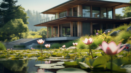 palladian architecture photography of sleek hillside house design by olson kundig, featuring a close-up shot of a blurred lotus in the foreground. this 8k image, captured with a sony alpha a7 iii camera and a sony fe 24-105mm f/4 g oss lens, showcases a cinema composition with professional color grading, epic volumetric lighting, sharp focus, film grain, and a captivating atmosphere. ai generatedの素材