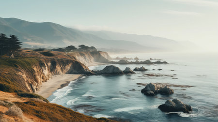 a california coastal map showcasing the breathtaking beauty of big sur, a popular tourist attraction. captured in the style of serene atmospheric perspective, this photo was taken using the tokina at-x 11-16mm f/2.8 pro dx ii lens. the muted color palette, featuring light aquamarine and sky-blue tones, enhances the rich and painterly surfaces of this 32k uhd image. prepare to be captivated by the atmosphericの素材