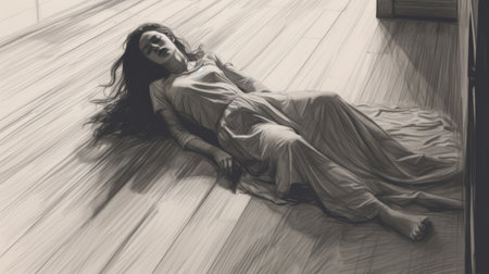 a haunting black and white grayscale drawing of a beautiful red cardigan, laid on the floor. this dreamscape portraiture piece showcases exaggerated poses and implied movement, creating a realistic and emotive portrait. the solarization technique adds a touch of uniqueness to the overall composition. ai generatedの素材
