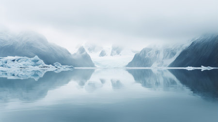 a stunning photograph of a vast mountain range with glaciers, captured on an overcast day. the image, reminiscent of mikko lagerstedt's style, showcases reflections and mirroring effects. the color palette features light cyan and light aquamarine tones, evoking a soft and romantic atmosphere. the scene is reminiscent of even mehl amundsen's detailed marine views, where the metropolis meets nature in a captivating way. ai generatedの素材