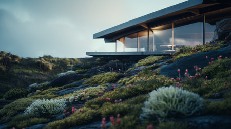 futuristic architecture photography of sleek hillside house design by olson kundig. close-up shot of a blurred succulent in the foreground. shot from a movie-like perspective, with professional color grading and epic volumetric lighting. the image showcases sharp focus, film grain, and a captivating atmosphere. captured using a sony alpha a7 iii camera with a sony fe 24-105mm f/4 g oss lens. the photo is inの素材