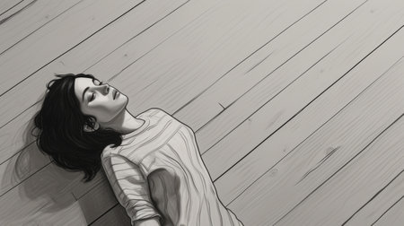 a woman lying on a wooden floor with her eyes and head open, showcasing a graphic novel realism style. the color palette consists of light gray and gray tones, while the composition features narrative paneling. the image evokes a sense of the great depression era with bold, cartoonish lines and a touch of sleepycore aesthetic. the use of forced perspective adds depth to the overallの素材