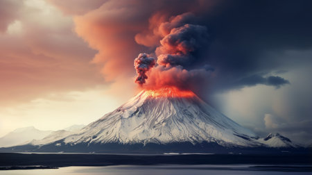 a volcano eruption on the horizon creates a dramatic scene, with billowing clouds adding to the intensity. this detailed atmospheric portrait showcases the power of nature. the colorized and post-processed matte photo captures the essence of the moment. tilt-shift lenses were used to enhance the composition of this award-winning image. ai generatedの素材