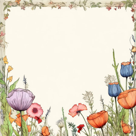 a watercolor floral frame featuring vibrant poppies, designed in a detailed and vintage-inspired style. this card decoration showcases emotive fields of color and intricate miniatures, with a color palette of light beige and orange. the high-resolution image captures the beauty of the design, highlighting the delicate combination of light azure and orange tones. ai generatedの素材