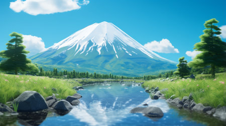 a woman stands by the water in a surreal 3d anime scene. the landscape is adventure-themed, with mountainous vistas in the background. the selective focus adds depth to the image. the style is reminiscent of goro fujita's work, with simplistic cartoon elements. the scene also draws inspiration from the landscapes of isaac levitan. ai generatedの素材