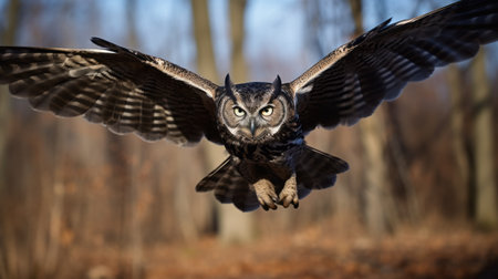 a running owl with dark fur and no spots is captured in a side profile close-up. the medium-sized body frame and 8-point antlers are prominently displayed in the center of the screen frame. the photograph is characterized by dramatic, sharp focus and extreme details, showcasing the owl's intricate features. the image is beautifully color-graded and shot with cinematic techniques, resulting in a hyper-detailed and visuallyの素材