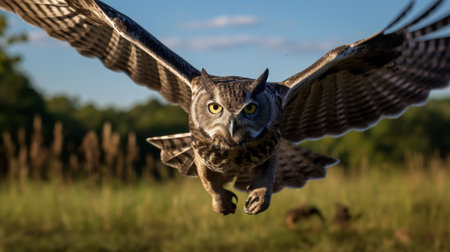 a running owl with dark fur and no spots is captured in a side profile close-up. the medium-sized body frame and 8-point antlers are prominently displayed in the center of the screen. the photo is characterized by dramatic, sharp focus and extreme details, showcasing the owl's intricate features. the shot is beautifully color-graded and exhibits cinematic qualities, creating a visually stunning image. ai generatedの素材