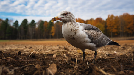 a seagull with dark fur and no spots is captured in a side profile close-up as it runs through a tilled wisconsin field. the photo is beautifully color graded and showcases dramatic lighting, with extreme details and sharp focus. shot on a 70mm lens, the image has a cinematic quality and depth of field, creating a hyper-detailed and visually stunning composition. ai generatedの素材