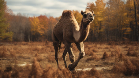 a running camel with dark fur and no spots is captured in a side profile close-up, centered on the screen frame. the photo is dramatic with sharp focus and extreme details, showcasing the camel's medium-sized body frame and 8-point antlers. shot on a 70mm lens, the image features cinematic color grading, depth of field, and beautifully color-coded details. the lighting is moody and cinematic, creatingの素材