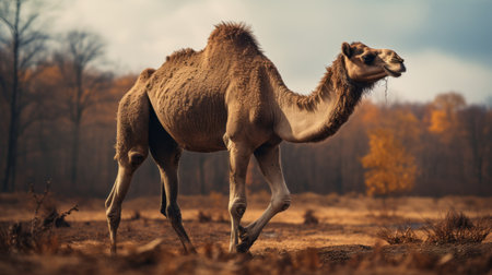a camel with dark fur and no spots is seen running through a tilled wisconsin field in this dramatic, sharp-focused photograph. the side profile close-up captures the camel's medium-sized body frame and 8-point antlers. the image is beautifully color-graded and showcases extreme details, making it a hyper-detailed and visually stunning shot. ai generatedの素材