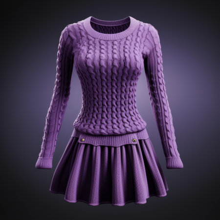 a purple sweater and skirt, both made with knitted fabric, are showcased in this photo. the style of the image is inspired by zbrush, resulting in a photorealistic rendering. created by mike campau, the composition features a whirly pattern and a monochromatic color scheme. the photo is captured using fujifilm velvia. ai generatedの素材