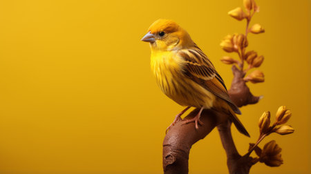 yellow finch perched on a vibrant yellow flower, captured in a high-quality photo. this realistic still life showcases dramatic lighting, while the bird's feathers and the flower's organic sculpting add depth. the minimalist color field and monochromatic color scheme enhance the overall aesthetic. the woodcarvings in the background add a touch of color to this captivating composition. ai generatedの素材