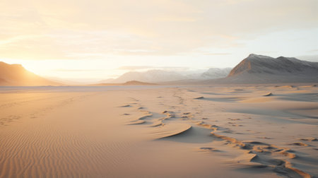 empty desert sand dunes in the sun at sunset, captured in the style of norwegian nature. this matte painting-like photograph showcases the delicate and dreamy landscapes, with mountainous vistas and exotic scenery. shot with the zeiss batis 18mm f2.8 lens, it beautifully renders the soft and serene atmosphere of the desert. ai generatedの素材
