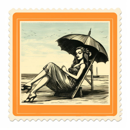 a collection of vintage-inspired pin-up stamps featuring a person sitting at the seaside. these unique stamps showcase the artistic styles of manapunk, sonian, oku art, and art deco sensibilities. with a color palette of light orange and black, these stamps are beautifully captured using adox silvermax film, creating a nostalgic and artistic appeal. ai generatedの素材
