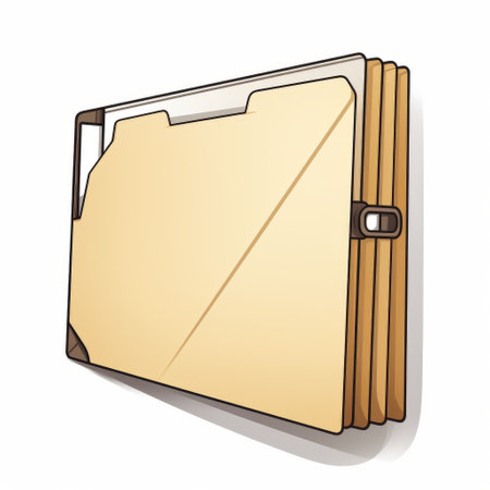 a white vector file folder is depicted on a white background in this trompe l'oeil composition. the folder is designed in dark yellow and light bronze colors, giving it a comic/cartoon-like appearance. the image has a windows xp theme and features a clamp. this high-definition image showcases a bold use of lines. ai generatedの素材