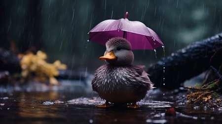 a cute duck stands in the rain, holding a colorful umbrella. the image is captured in a soft-focus technique, with a dark magenta and light gray color palette. this highly realistic photo showcases the beauty of nature, creating a dreamy and adorable scene. ai generatedの素材