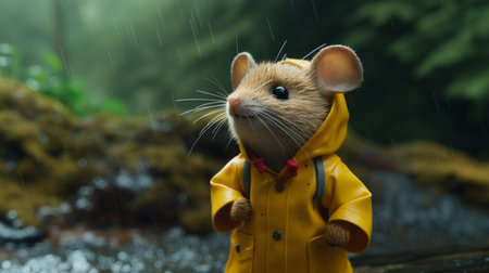 a cartoon mouse, wearing a raincoat, stands in the rain. this lifelike figure, created in the style of realistic portraits, captures the whimsical wilderness. with intricate storytelling and illustrative elements, this image showcases the mouse's resilience in the rain. created using vray and unreal engine 5, it evokes a sense of environmental beauty. ai generatedの素材